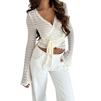 Womens Boho Lace Sheer Tops V Neck Bell Sleeve Tie Bodycon Ruched Blouse