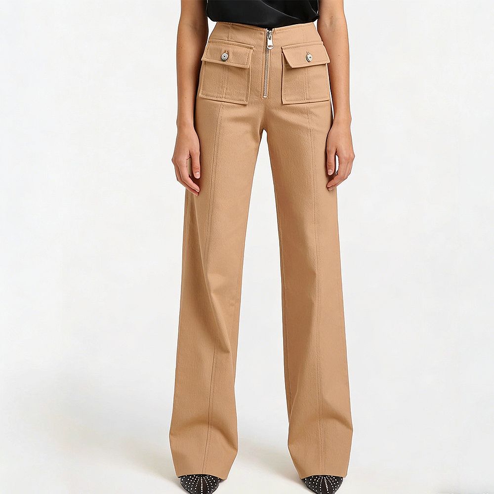 Women High Waist Wide Leg Trousers Front Zip Flap Pockets Tailored