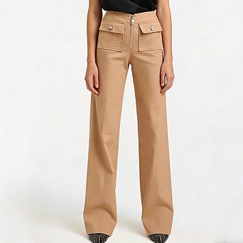 Women High Waist Wide Leg Trousers Front Zip Flap Pockets Tailored Work Pants