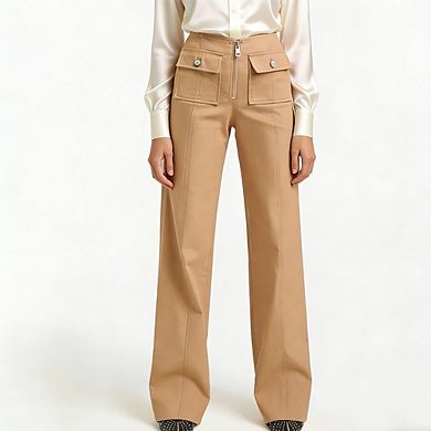 Women High Waist Wide Leg Trousers Front Zip Flap Pockets Tailored Work Pants