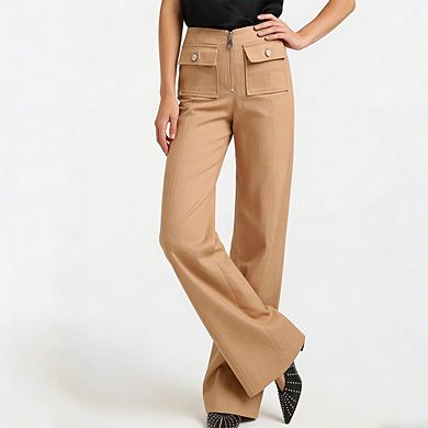 Women High Waist Wide Leg Trousers Front Zip Flap Pockets Tailored Work Pants