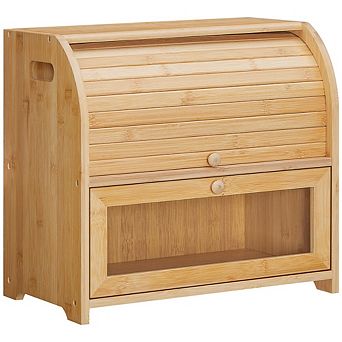 100% Bamboo 2 tier Roll-Top Bread Box for Kitchen Countertop, Large Capacity Food Storage Cabinet