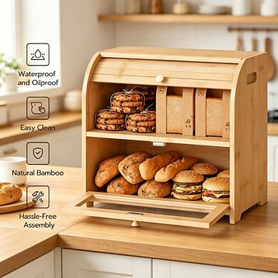 100% Bamboo 2-Tier Roll-Top Bread Box for Kitchen Countertop, Large Capacity Food Storage Cabinet