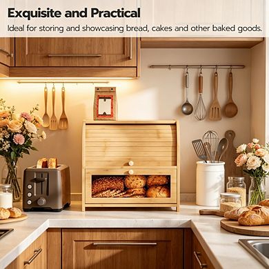 100% Bamboo 2-Tier Roll-Top Bread Box for Kitchen Countertop, Large Capacity Food Storage Cabinet
