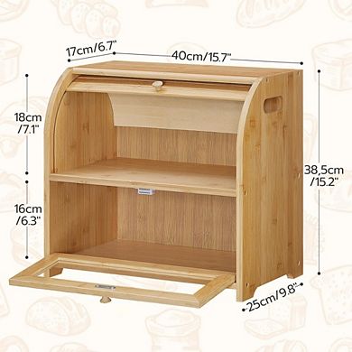 100% Bamboo 2-Tier Roll-Top Bread Box for Kitchen Countertop, Large Capacity Food Storage Cabinet