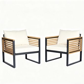 Eazegath 2 pc Outdoor Wood and Metal Single Club Sofa Chairs with Cushions