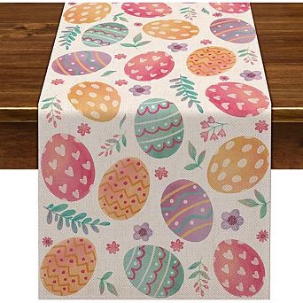 Natural Linen Burlap Watercolor Easter Table Runner, Durable Spring Home Decor