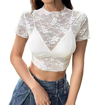 Women's Lace Crop Tops Short Sleeve Mock Neck Floral Casual Basic Tee Shirts