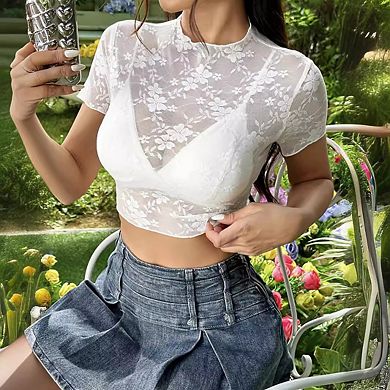 Women's Lace Crop Tops Short Sleeve Mock Neck Floral Casual Basic Tee Shirts