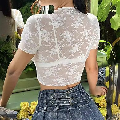 Women's Lace Crop Tops Short Sleeve Mock Neck Floral Casual Basic Tee Shirts