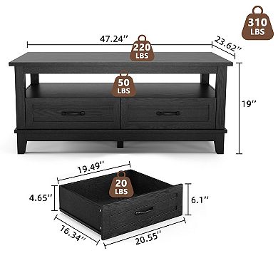 Coffee Table with Drawers - Rustic Wood Center Table with Open Shelf Storage & 6 Support Legs