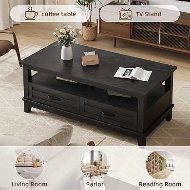 Coffee Table with Drawers - Rustic Wood Center Table with Open Shelf Storage & 6 Support Legs