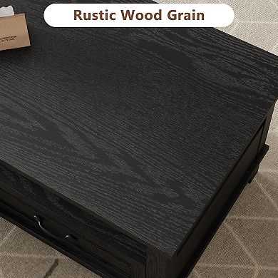 Coffee Table with Drawers - Rustic Wood Center Table with Open Shelf Storage & 6 Support Legs