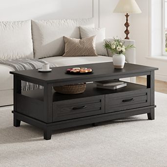 Coffee Table with Drawers - Rustic Wood Center Table with Open Shelf Storage & 6 Support Legs