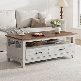 Coffee Table with Drawers - Rustic Wood Center Table with Open Shelf Storage & 6 Support Legs