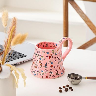 Ceramic Coffee Mug Floral Wide Bottom Handle— Mother's Day Gift