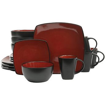 MOEPLSY16 pc Square Reactive Glaze Dinnerware Set, Red and Black Stoneware Plates and Bowls