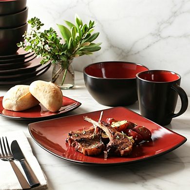MOEPLSY16-Piece Square Reactive Glaze Dinnerware Set, Red and Black Stoneware Plates and Bowls