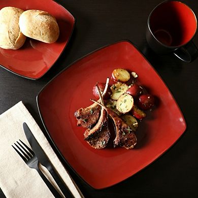 MOEPLSY16-Piece Square Reactive Glaze Dinnerware Set, Red and Black Stoneware Plates and Bowls