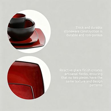 MOEPLSY16-Piece Square Reactive Glaze Dinnerware Set, Red and Black Stoneware Plates and Bowls