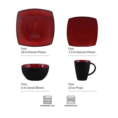 MOEPLSY16-Piece Square Reactive Glaze Dinnerware Set, Red and Black Stoneware Plates and Bowls