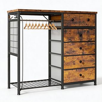 3-in-1 Dresser w/ Hanging Rail, Fabric Drawers &Open Shelf, Metal Frame Closet Organizer for Bedroom