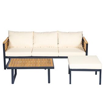 Eazegath 3 pc Outdoor Wood and Metal Conversation Sofa Set with Coffee Table and Ottoman