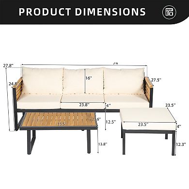 Eazegath 3-Piece Outdoor Wood and Metal Conversation Sofa Set with Coffee Table and Ottoman