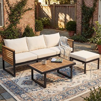 Eazegath 3-Piece Outdoor Wood and Metal Conversation Sofa Set with Coffee Table and Ottoman