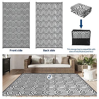 Modern Outdoor Plastic Mat, Geometric Striped Rug, Easy Care Portable Low Pile Carpet
