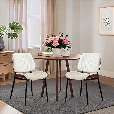 PU Leather Upholstered Dining Chairs Set of 2 Mid Century Wood Back Metal Legs