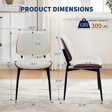 PU Leather Upholstered Dining Chairs Set of 2 Mid Century Wood Back Metal Legs
