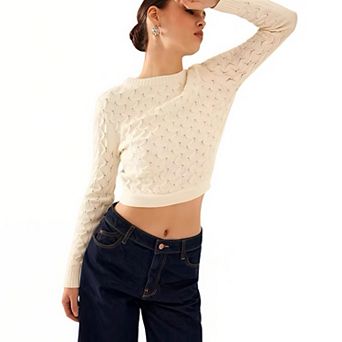 Women’s Elegant Backless Sweater, Button Back Crewneck Knit Top with Tie Detail Sweater