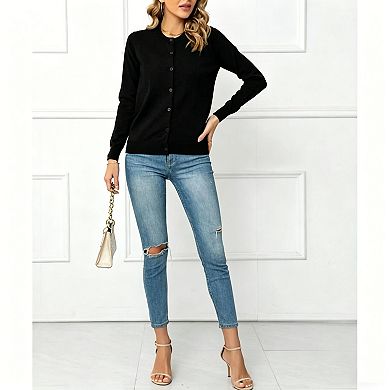 Women's Lightweight Button-Down Cardigan, Long Sleeve Crew Neck Soft Knit Sweater