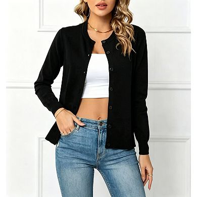 Women's Lightweight Button-Down Cardigan, Long Sleeve Crew Neck Soft Knit Sweater