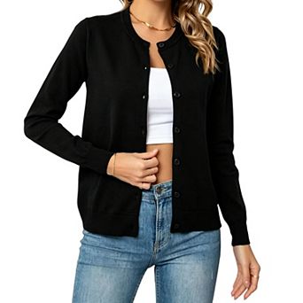 Women's Lightweight Button-Down Cardigan, Long Sleeve Crew Neck Soft Knit Sweater