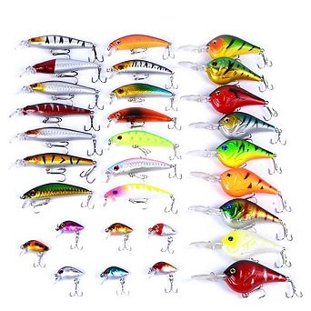 30 pc Fishing Lures Kit Minnow Popper Crank Baits Hooks