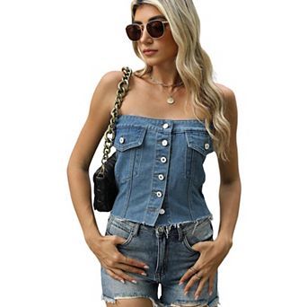 Womens Denim Corset Top Button Front Bustier Bandeau Vest Strapless Sleeveless Jean Crop Tube Top