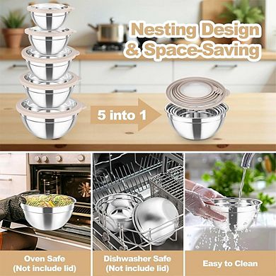 5 Piece Stainless Steel Mixing Bowls with Lids Non-Toxic & Dishwasher Safe
