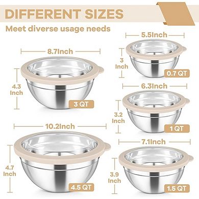 5 Piece Stainless Steel Mixing Bowls with Lids Non-Toxic & Dishwasher Safe