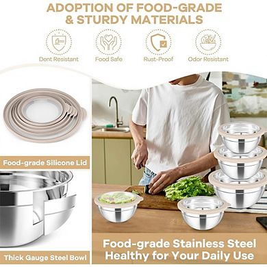 5 Piece Stainless Steel Mixing Bowls with Lids Non-Toxic & Dishwasher Safe