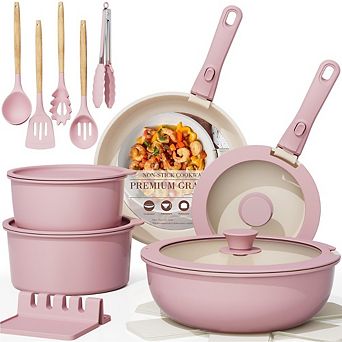 MOEPLSY21 pc Pink Ceramic Nonstick Cookware Set Detachable Handles Stackable Space-Saving Design
