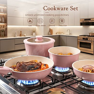 MOEPLSY21-Piece Pink Ceramic Nonstick Cookware Set Detachable Handles Stackable Space-Saving Design