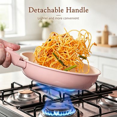 MOEPLSY21-Piece Pink Ceramic Nonstick Cookware Set Detachable Handles Stackable Space-Saving Design
