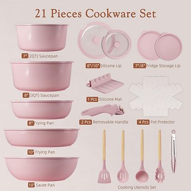 MOEPLSY21-Piece Pink Ceramic Nonstick Cookware Set Detachable Handles Stackable Space-Saving Design