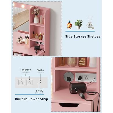 Makeup Vanity Desk with Lighted Mirror, 3 Lighting Modes, Open Shelves, Built-in Power Outlets