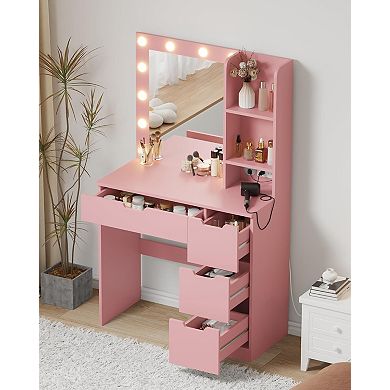 Makeup Vanity Desk with Lighted Mirror, 3 Lighting Modes, Open Shelves, Built-in Power Outlets
