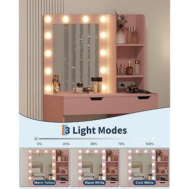 Makeup Vanity Desk with Lighted Mirror, 3 Lighting Modes, Open Shelves, Built-in Power Outlets