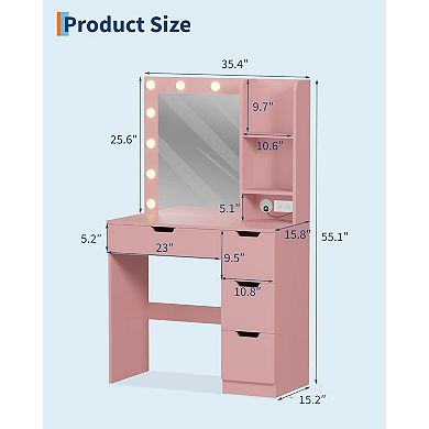 Makeup Vanity Desk with Lighted Mirror, 3 Lighting Modes, Open Shelves, Built-in Power Outlets