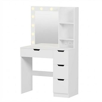 Makeup Vanity Desk with Lighted Mirror, 3 Lighting Modes, Open Shelves, Built-in Power Outlets